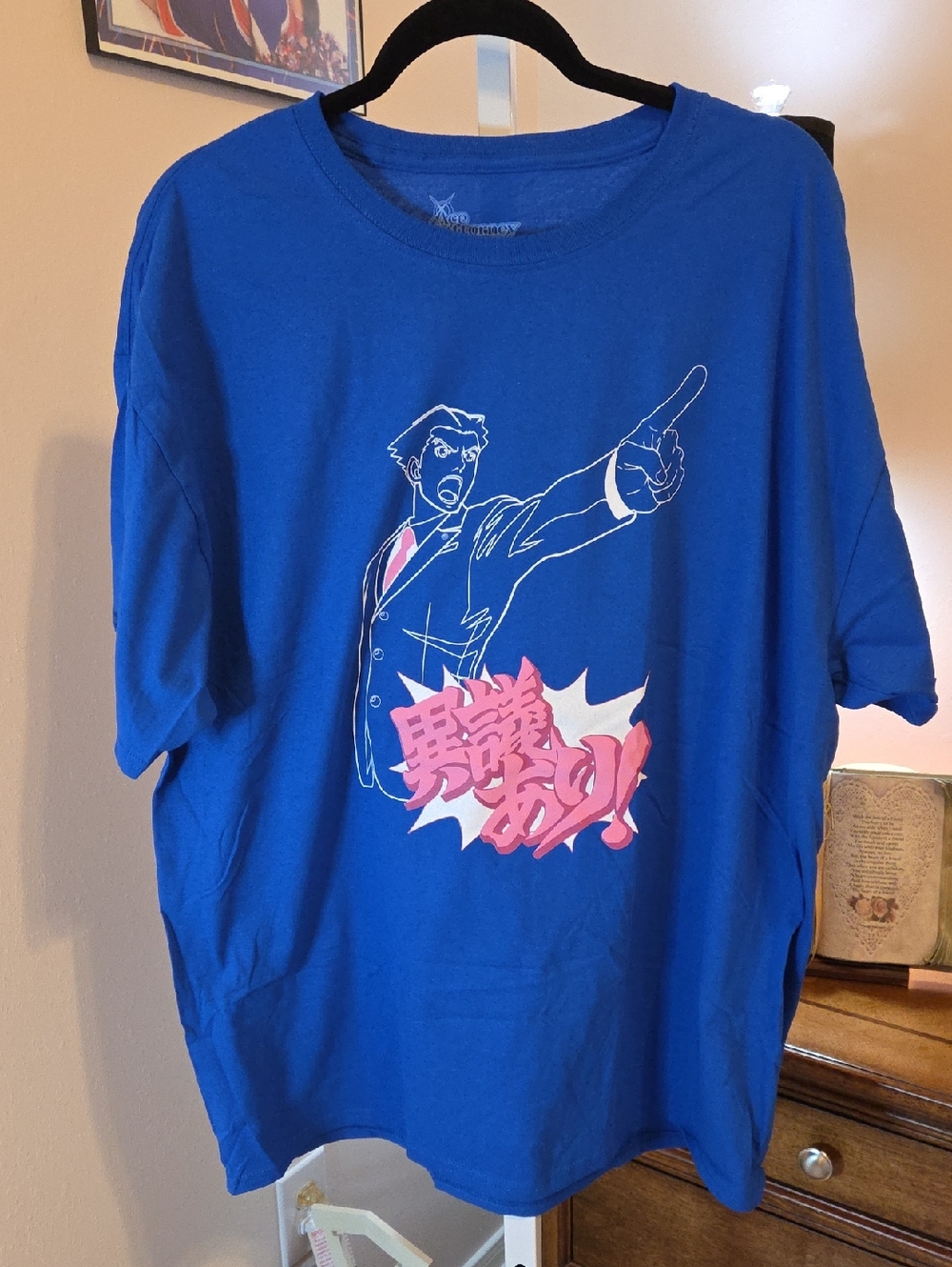Bold Blue Ace Attorney Graphic Tee with Pink Accent
